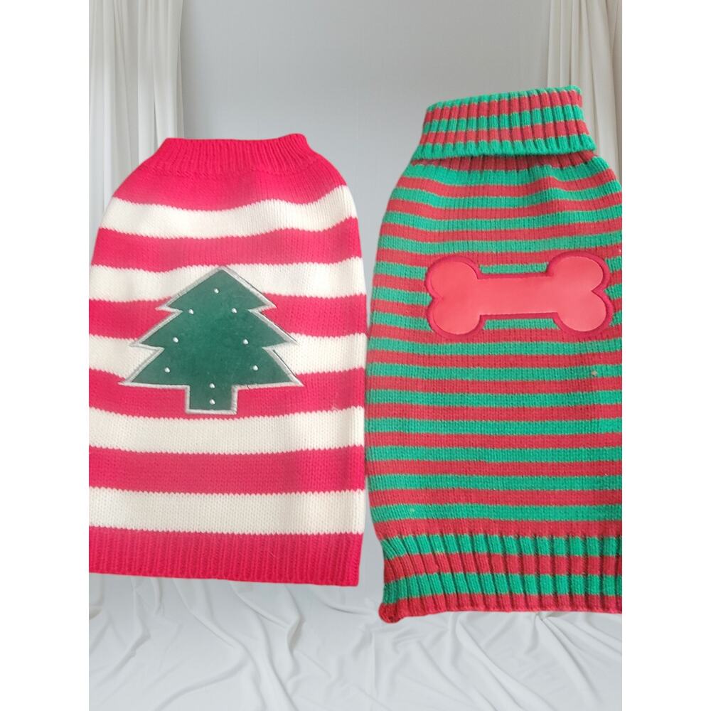 Two Dog Christmas Sweaters Green Red and Red White‎ Strip Knit Size S See notes